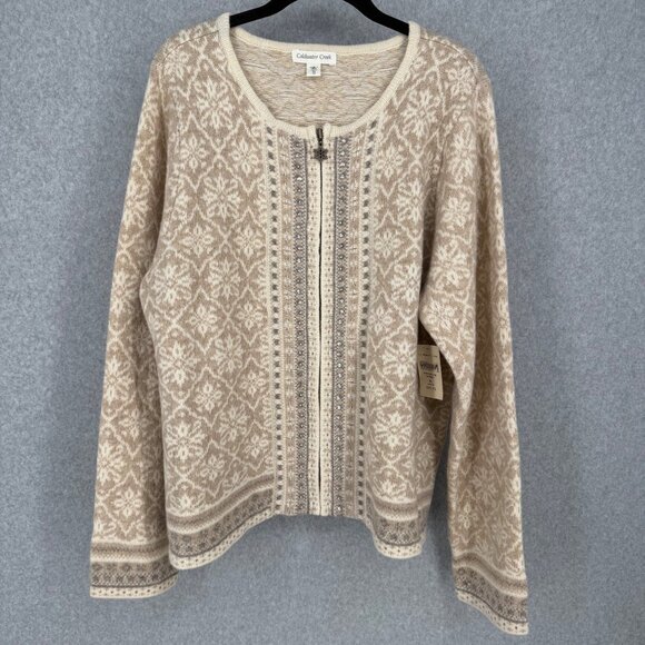 Coldwater Creek Snowflake Full Zip Cardigan Sweater Size XL Tan Wool Knit NEW - Picture 1 of 13